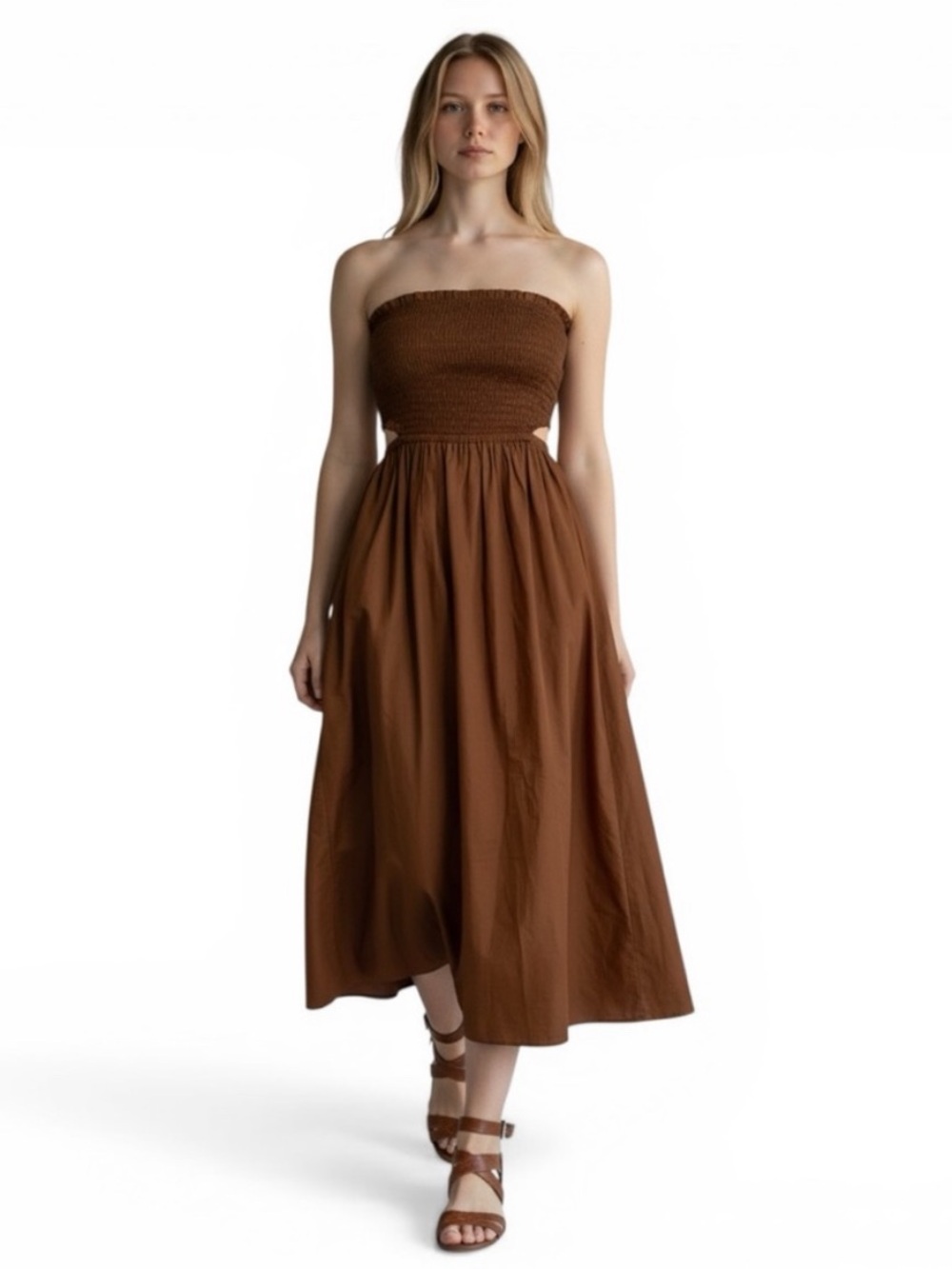 Faithfull the Brand Brown Strapless Midi Dress with Smocked Bodice